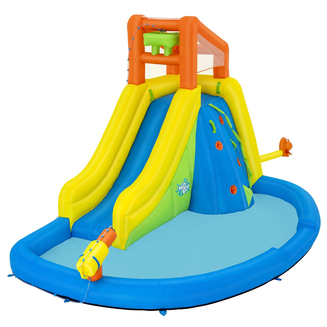 H2OGO! Mega Water Park - Mount Splashblast - 14'3" x 9'5" x 8'9", Inflatable Outdoor Activity Splash Pool, Climbing Wall-Slide-Dump Bucket, Kids 5+